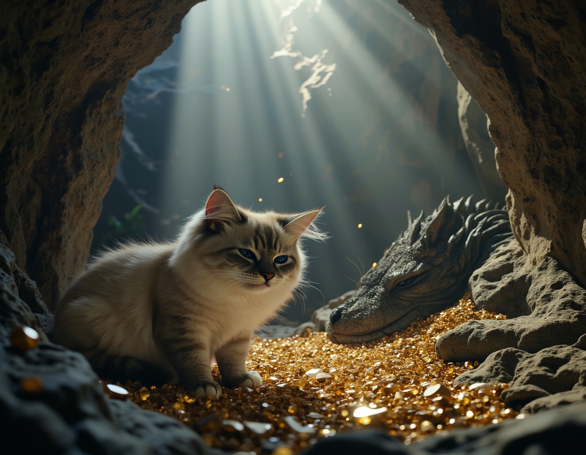 Cat explores a hidden cavern where a dragon slumbers among piles of glittering gems. Subtle beams of light illuminate the cat’s cautious journey through this fantastical realm.